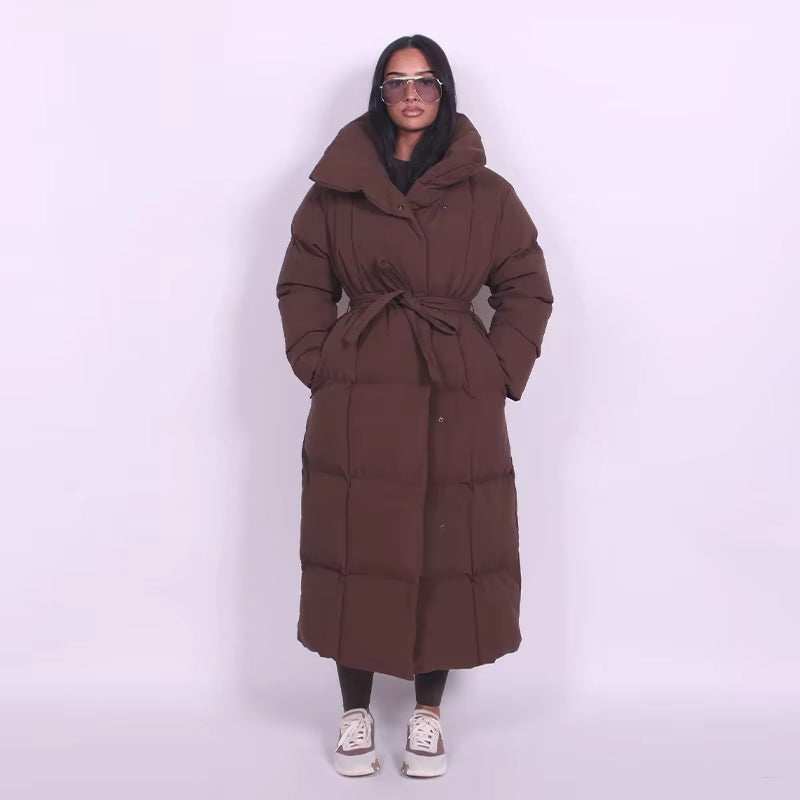 Casual Lace-Up Long Padded Jackets Women'S Loose Full Sleeves Stand Collar Pocket Maxi Coat 2025 New Winter Ladies Solid Outwear