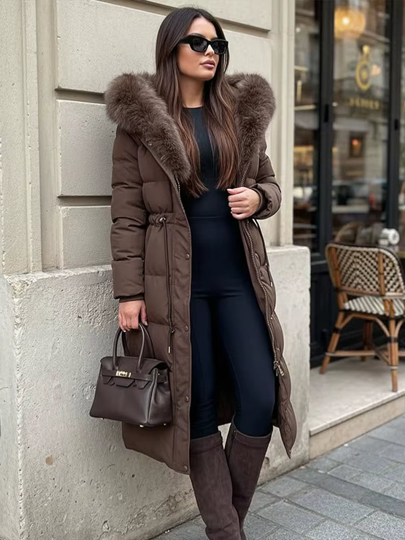 Casual Lace-Up Long Padded Jackets Women'S Loose Full Sleeves Stand Collar Pocket Maxi Coat 2025 New Winter Ladies Solid Outwear