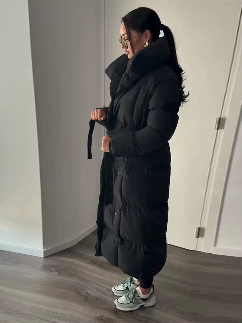 Casual Lace-Up Long Padded Jackets Women'S Loose Full Sleeves Stand Collar Pocket Maxi Coat 2025 New Winter Ladies Solid Outwear