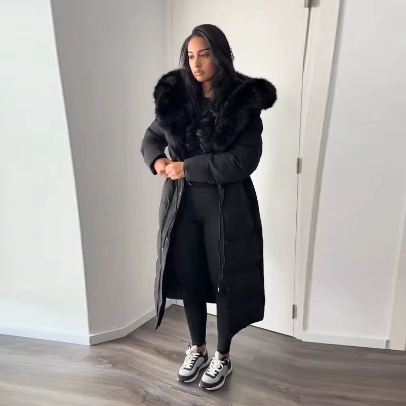 Casual Lace-Up Long Padded Jackets Women'S Loose Full Sleeves Stand Collar Pocket Maxi Coat 2025 New Winter Ladies Solid Outwear