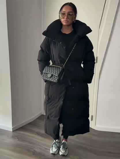 Casual Lace-Up Long Padded Jackets Women'S Loose Full Sleeves Stand Collar Pocket Maxi Coat 2025 New Winter Ladies Solid Outwear