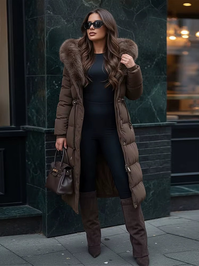 Casual Lace-Up Long Padded Jackets Women'S Loose Full Sleeves Stand Collar Pocket Maxi Coat 2025 New Winter Ladies Solid Outwear