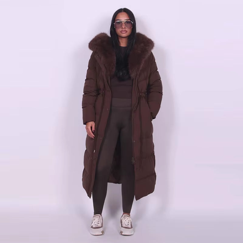 Casual Lace-Up Long Padded Jackets Women'S Loose Full Sleeves Stand Collar Pocket Maxi Coat 2025 New Winter Ladies Solid Outwear